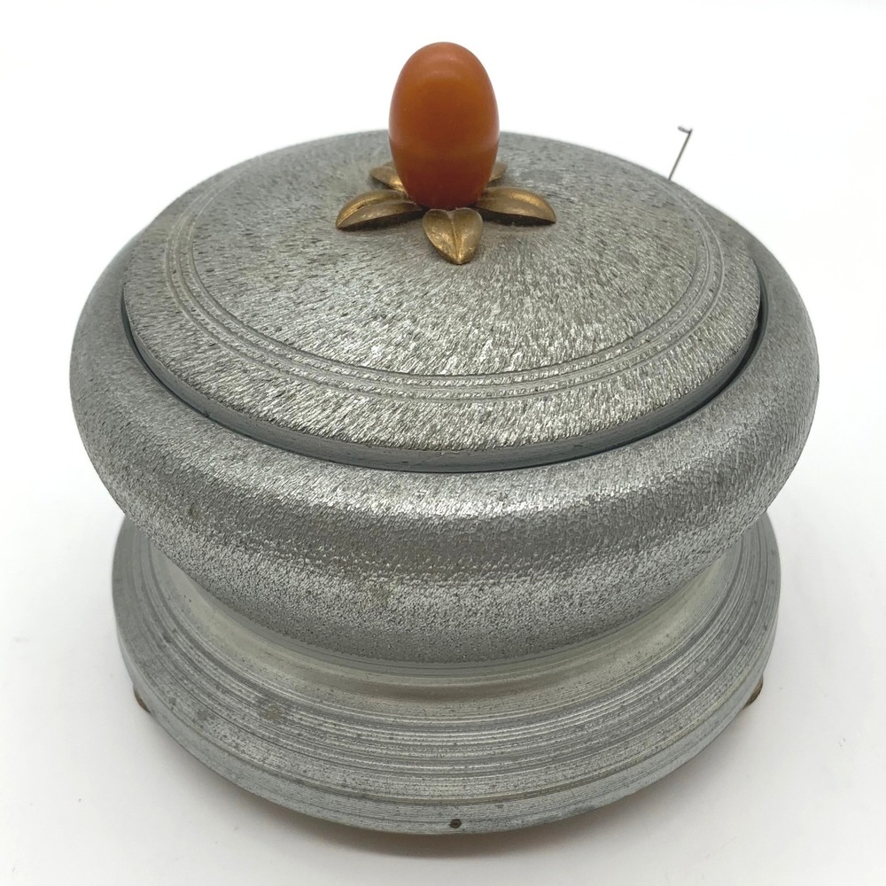 Vintage Spun Aluminum Musical Powder Box Bakelite Finial Greek Key Feet Vanity